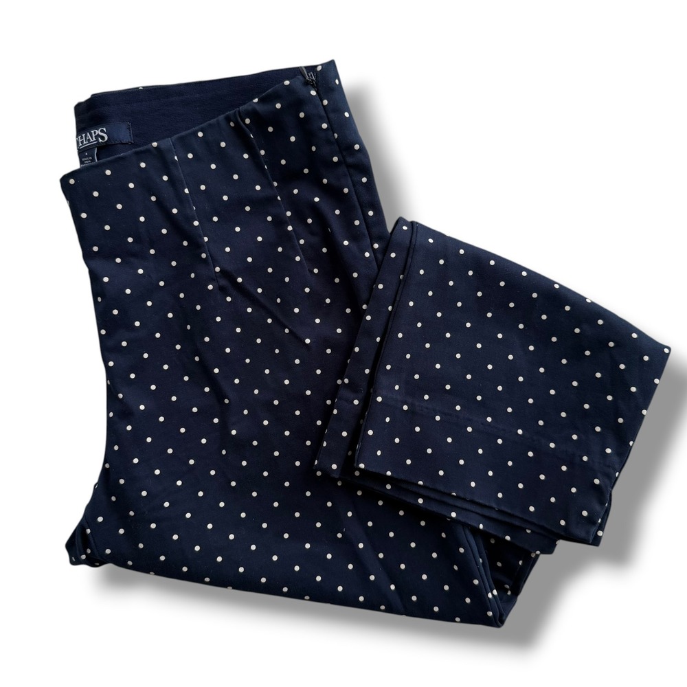 Chaps Women 4 Navy Blue White Polka Dot Sidezip Stretch Cotton Ankle Pants Capri